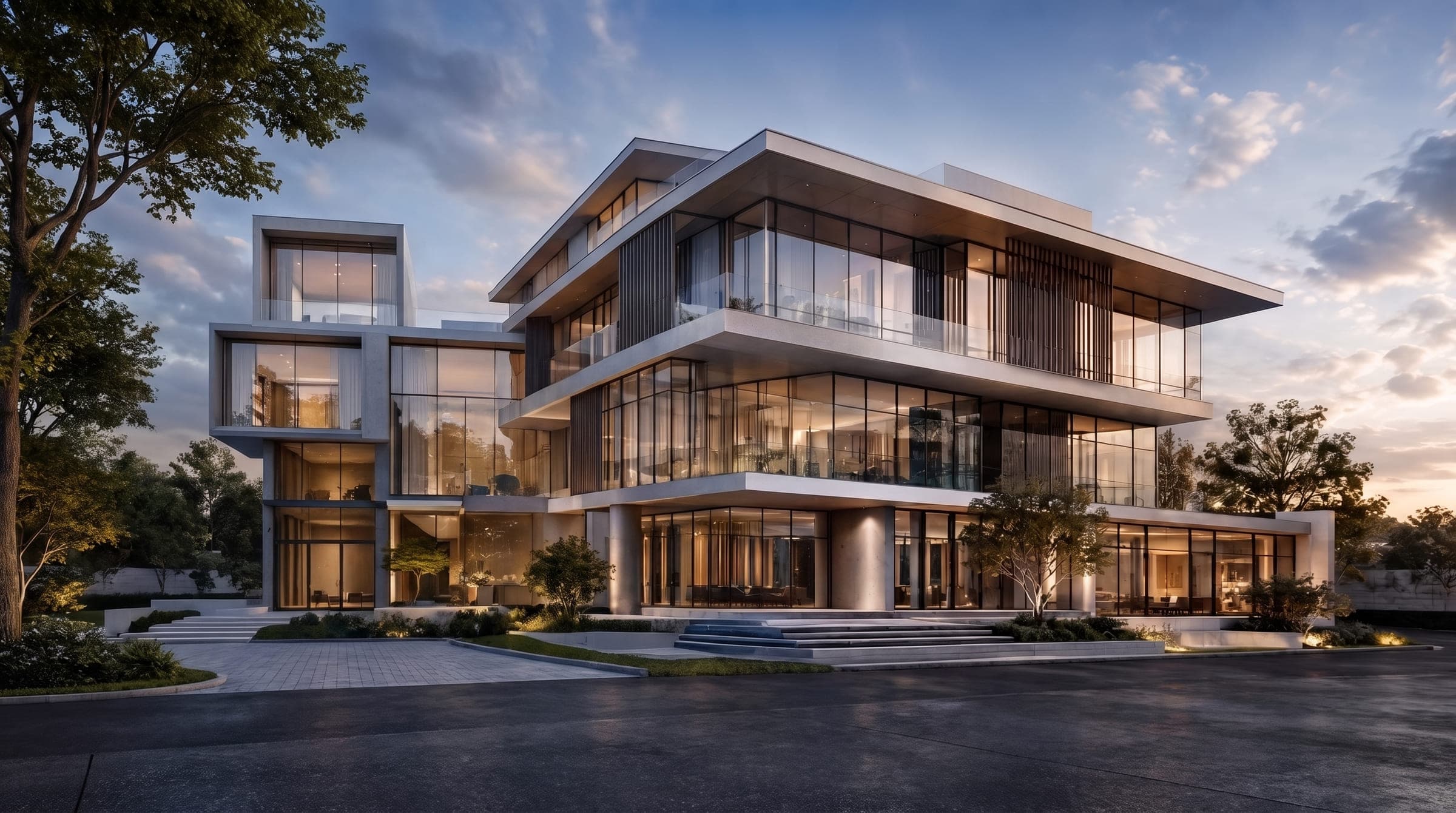 A completed building at dusk, three storeys with deep cantilevered floors and full height glazing.